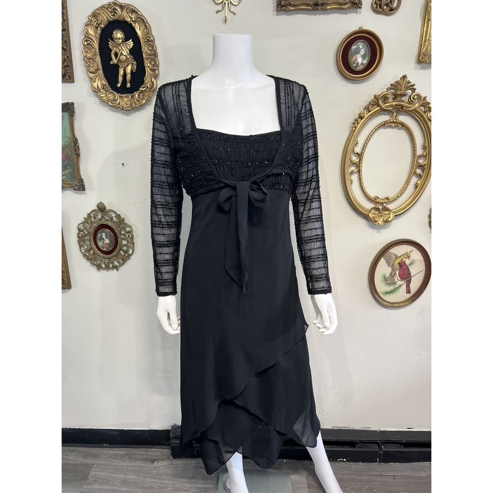 Eva Blue Vintage Black Sequin Sheer Bolero Shrug Layered Midi Dress Set Size 12
